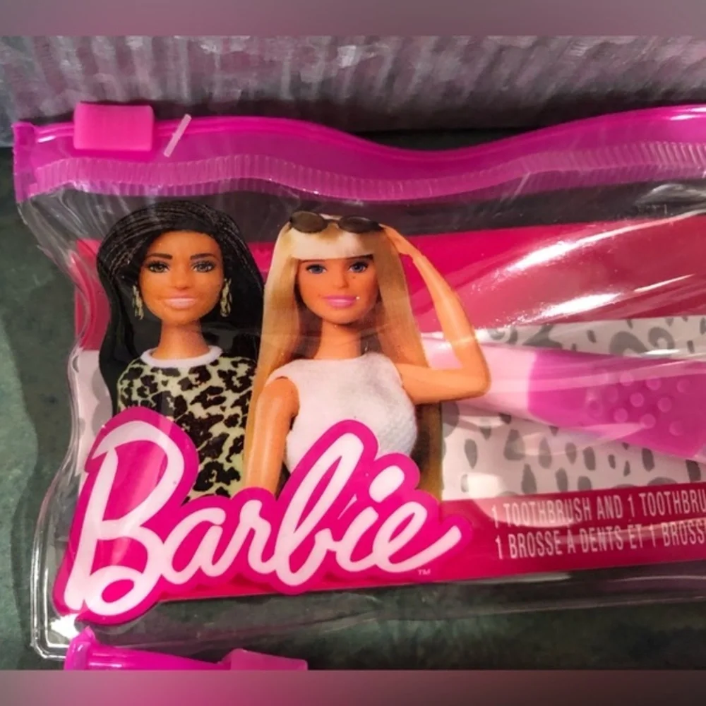 6pc Barbie pink kids children little girl toothbrush, cap & pouch eco travel kit